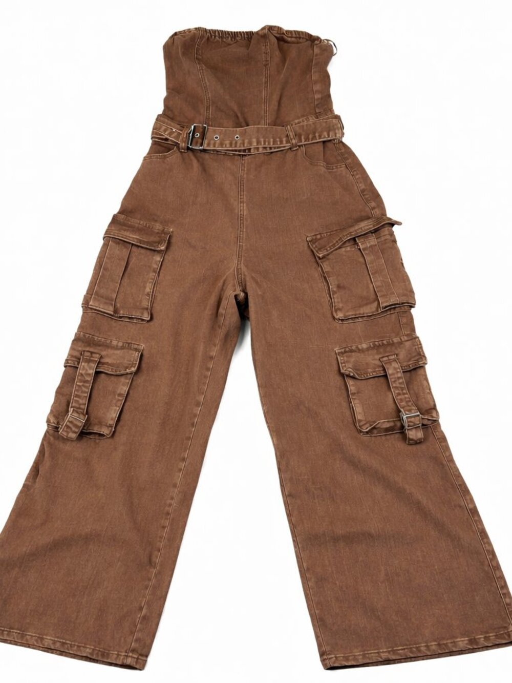 Fourteen Twelve Strapless Cargo Jumpsuit M Brown Belted Wide Leg Utility Y2K